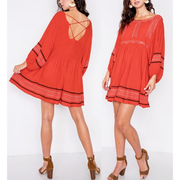 Embroidered Oversize Batwing Sleeves Peasant Dress - Picture 2 of 8